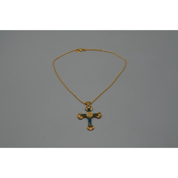 Ciro Thailand Gold Tone Cross Pendant Necklace w/ Green Inlay 19" Chain - Picture 2 of 9